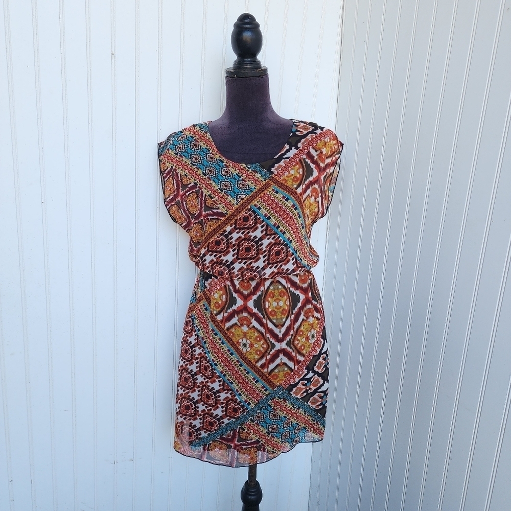 Sweet Storm Dress Juniors Multi Color Flare Mini Dress Casual Sheer Elastic Sz M
